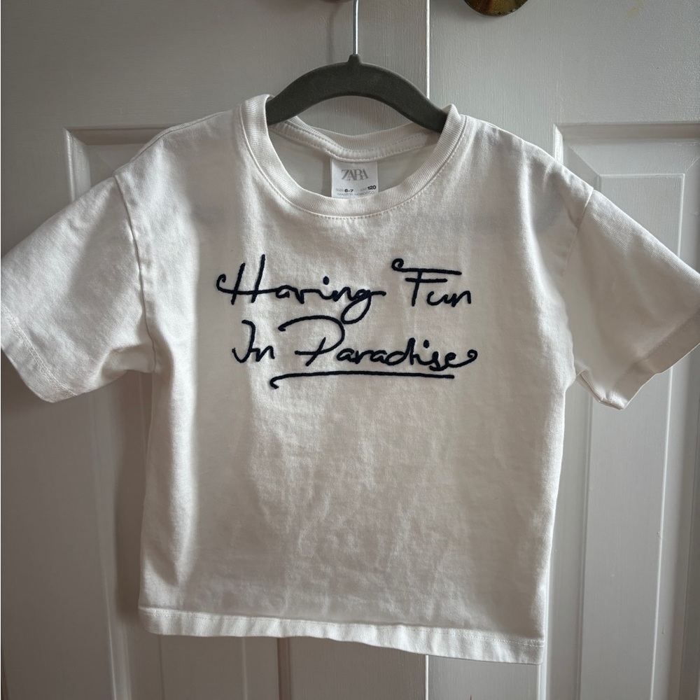 Zara Kids White Box Tee with Fun Paradise Print